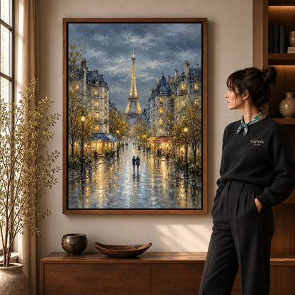 rainy paris evening canvas art shown in the walnut frame option within a warm living room.