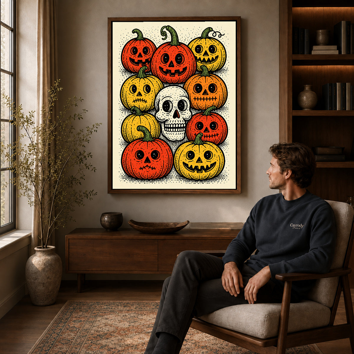 vintage pumpkin gathering canvas art in a walnut frame above a console beside a seated man.