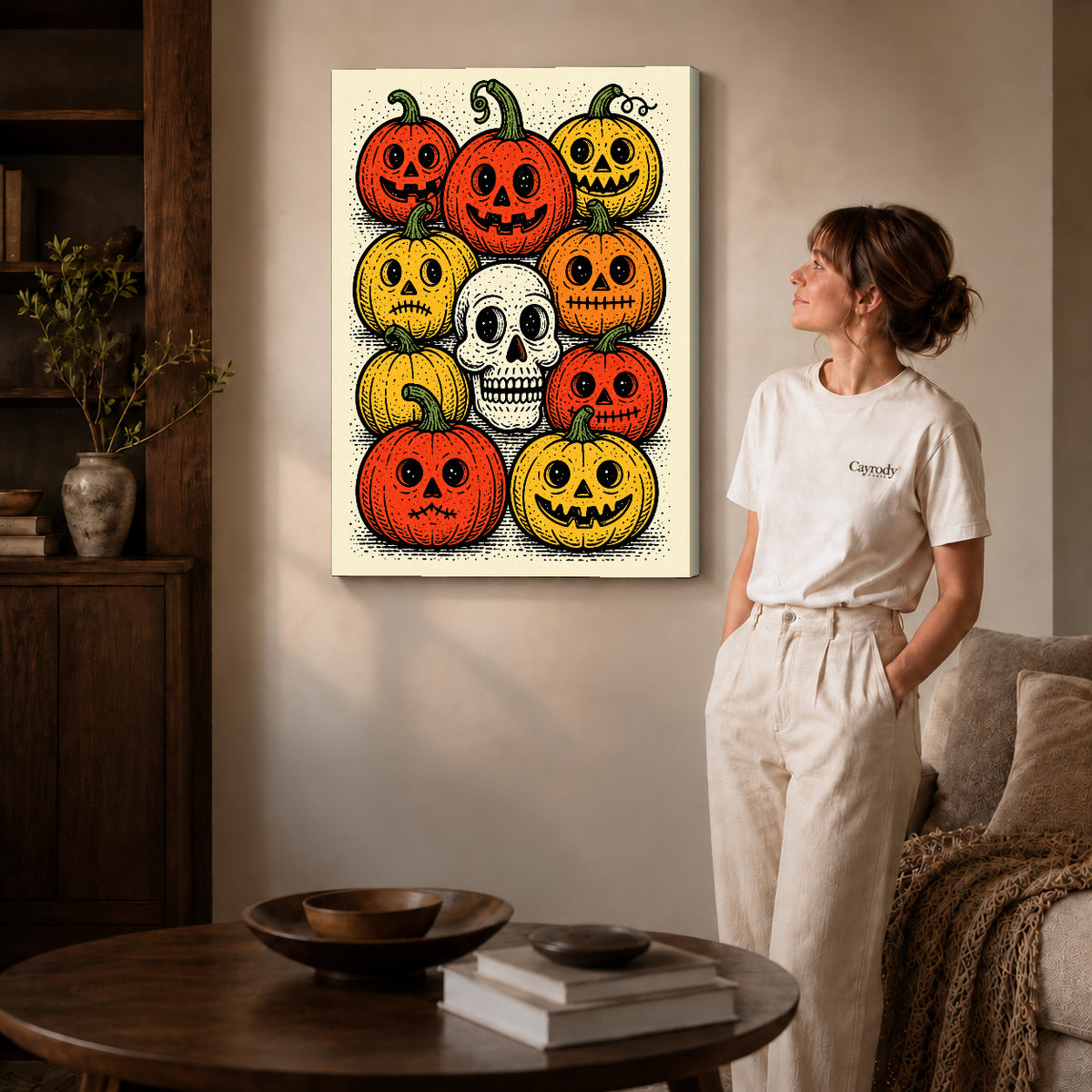 vintage pumpkin gathering canvas art on gallery-wrapped canvas with natural edge shading beside a standing woman.