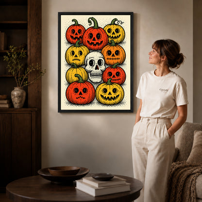 vintage pumpkin gathering canvas art in a black frame beside a woman and round wooden table.