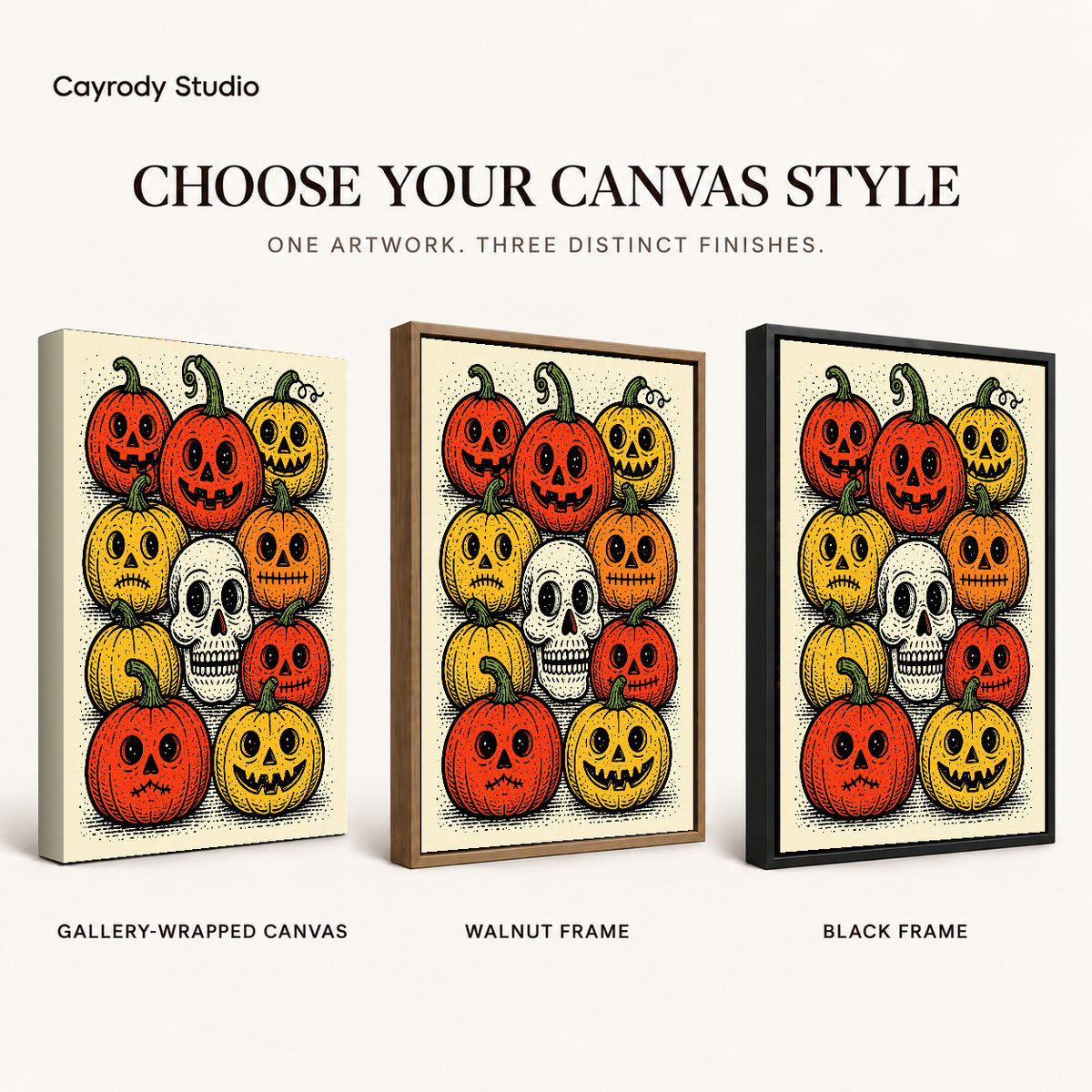 vintage pumpkin gathering canvas art compared across gallery-wrapped canvas, walnut frame, and black frame finishes.