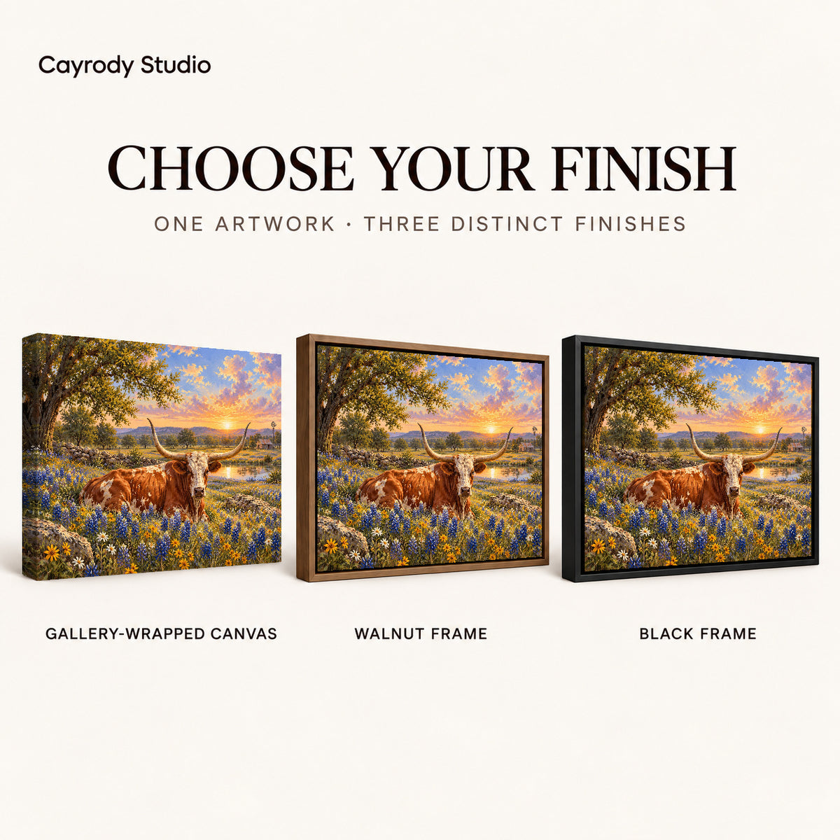 sunset longhorn meadow canvas art compared across gallery-wrapped canvas, walnut frame, and black frame finishes.