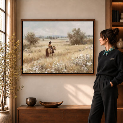 quiet prairie rider canvas art in a walnut frame beside a standing woman and wooden console.