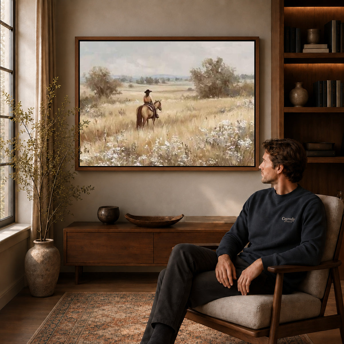 quiet prairie rider canvas art in a walnut frame above a console beside a seated man.