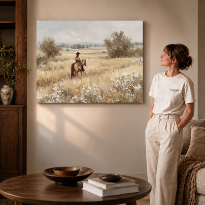 quiet prairie rider canvas art on gallery-wrapped canvas with visible edge depth beside a standing woman.