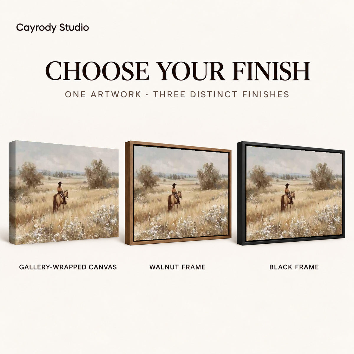 quiet prairie rider canvas art compared across gallery-wrapped canvas, walnut frame, and black frame finishes.