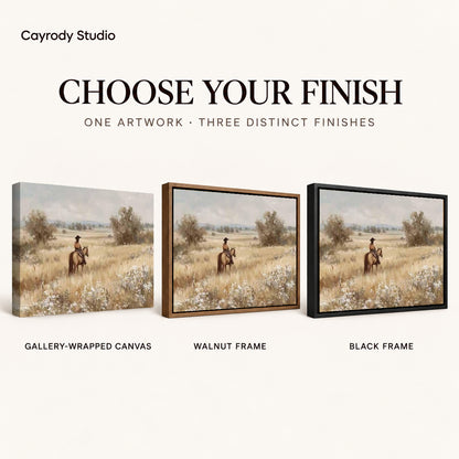 quiet prairie rider canvas art compared across gallery-wrapped canvas, walnut frame, and black frame finishes.