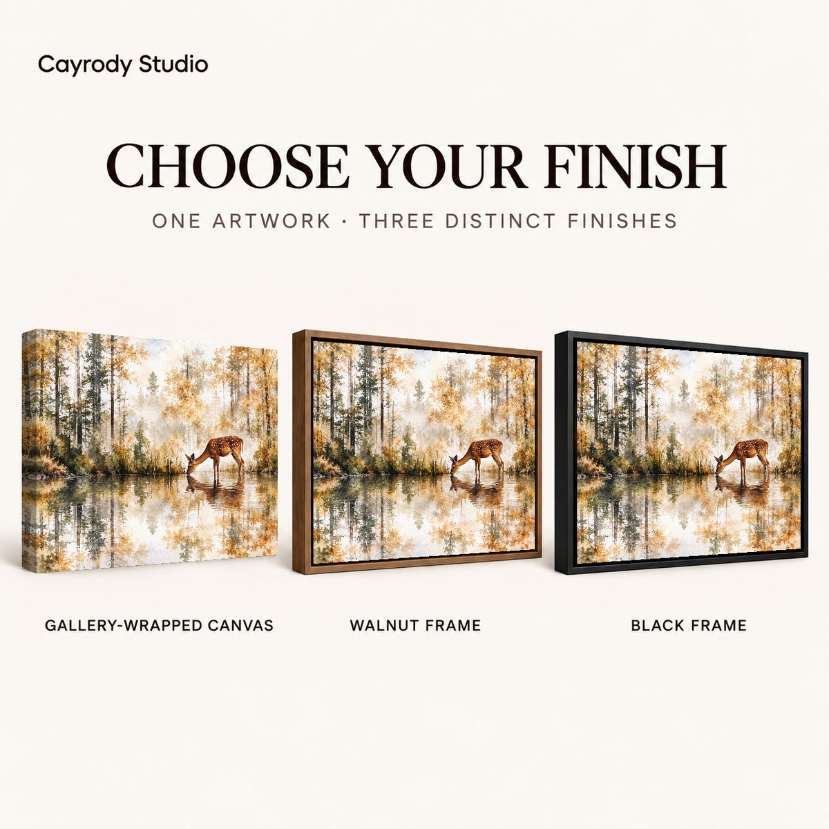 quiet woodland deer canvas art compared across gallery-wrapped canvas, walnut frame, and black frame finishes.