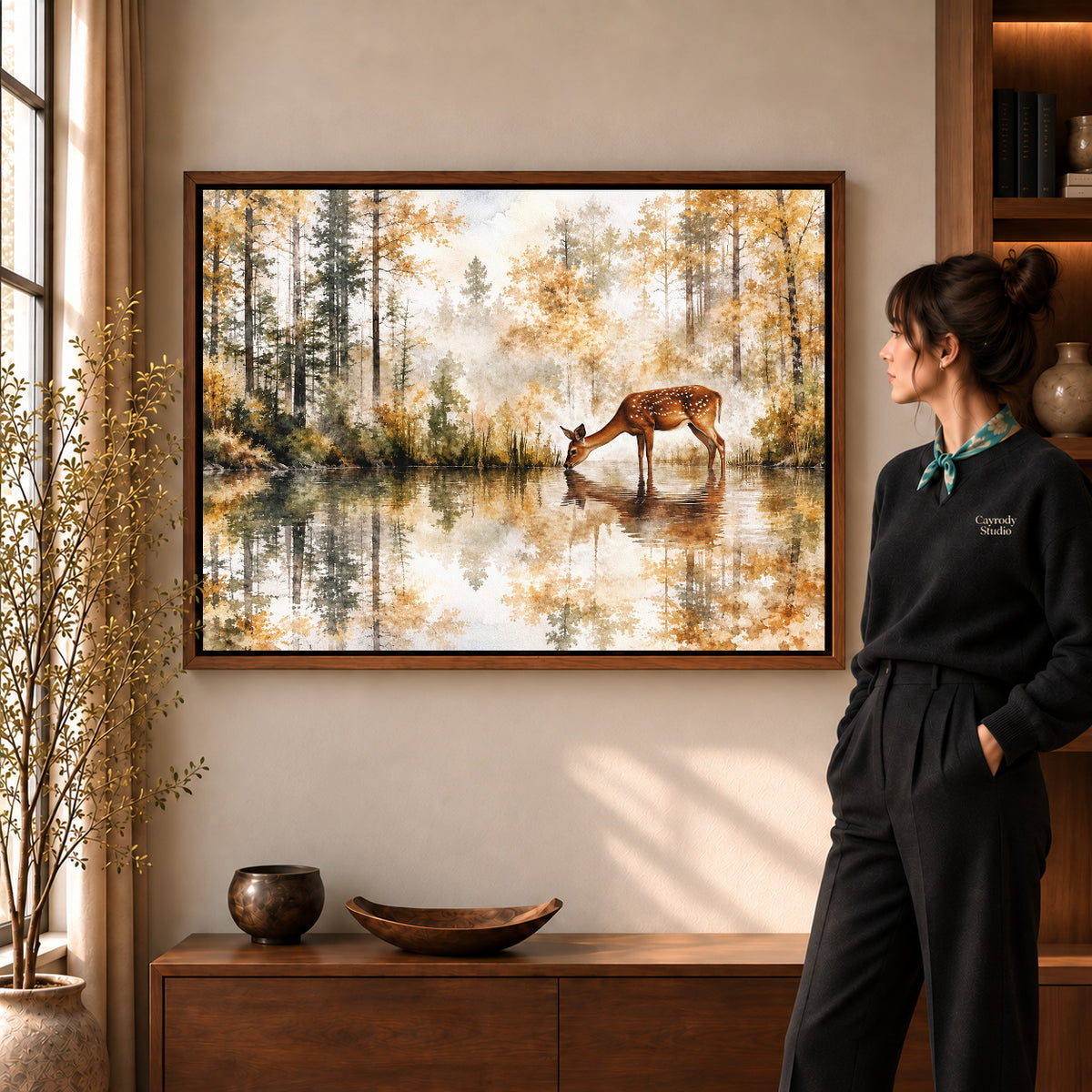 quiet woodland deer canvas art shown in the walnut frame option within a warm living room.