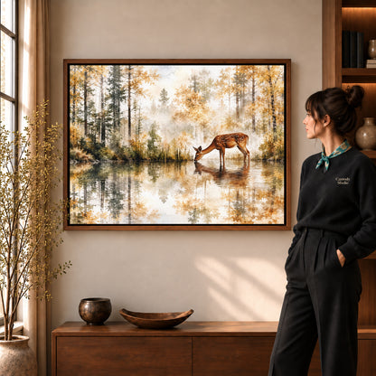 quiet woodland deer canvas art shown in the walnut frame option within a warm living room.