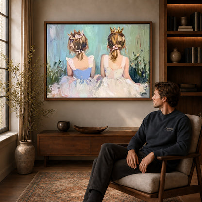 little crown companions canvas art in a walnut frame above a console beside a seated man.