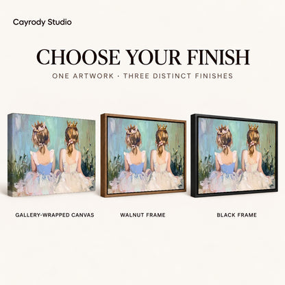 little crown companions canvas art compared across gallery-wrapped canvas, walnut frame, and black frame finishes.