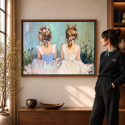 little crown companions canvas art shown in the walnut frame option within a warm living room.