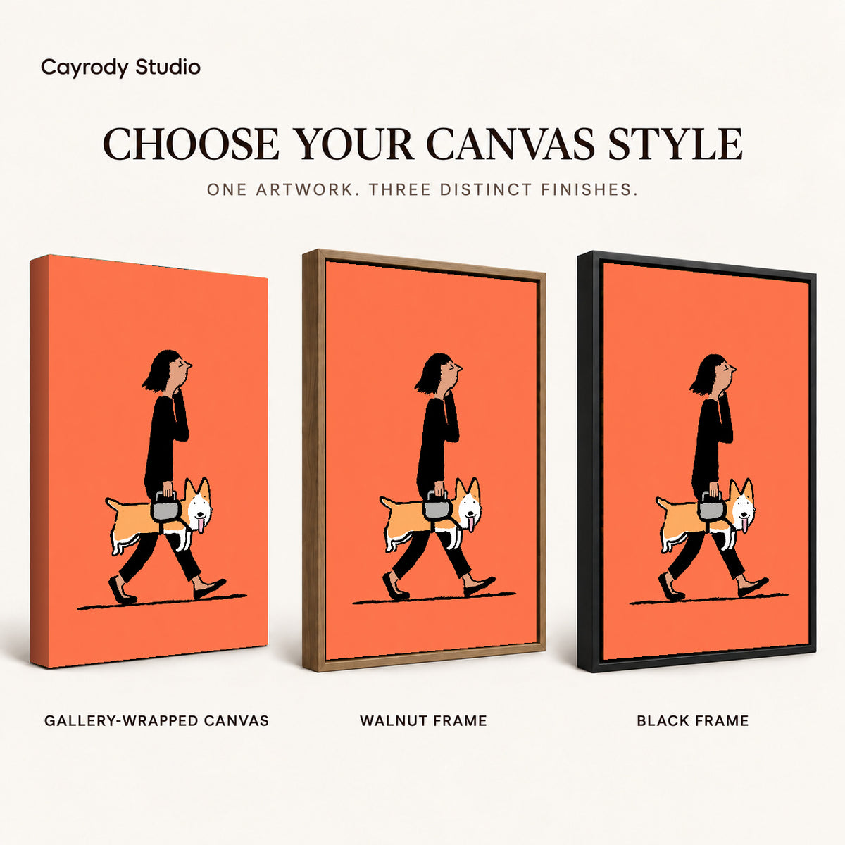 walking corgi companion canvas art compared across gallery-wrapped canvas, walnut frame, and black frame finishes.