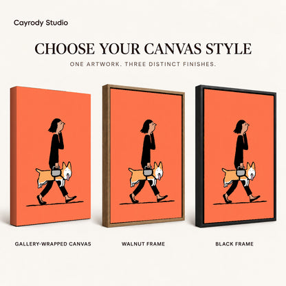 walking corgi companion canvas art compared across gallery-wrapped canvas, walnut frame, and black frame finishes.