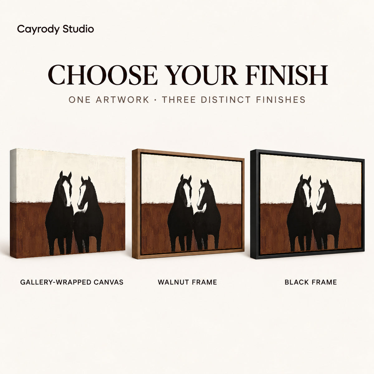 quiet horse companions canvas art compared across gallery-wrapped canvas, walnut frame, and black frame finishes.