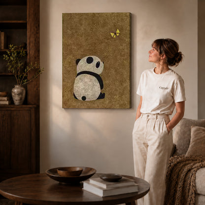 panda butterfly moment canvas art on gallery-wrapped canvas with natural edge shading beside a standing woman.