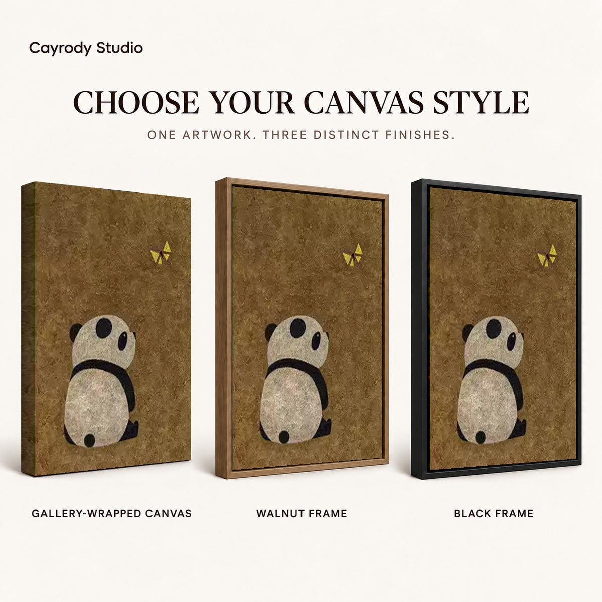 panda butterfly moment canvas art compared across gallery-wrapped canvas, walnut frame, and black frame finishes.
