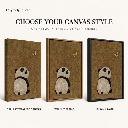 panda butterfly moment canvas art compared across gallery-wrapped canvas, walnut frame, and black frame finishes.