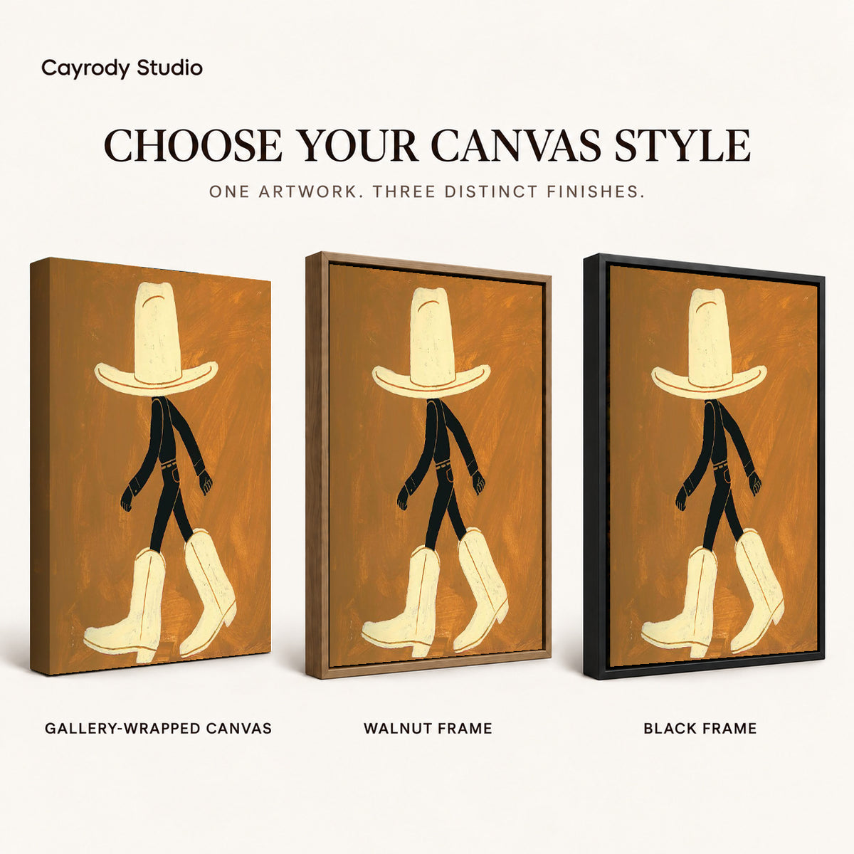 oversized cowboy boots canvas art compared across gallery-wrapped canvas, walnut frame, and black frame finishes.