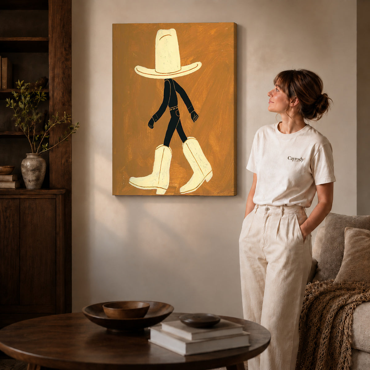 oversized cowboy boots canvas art shown in the gallery-wrapped option with visible depth and warm surroundings.