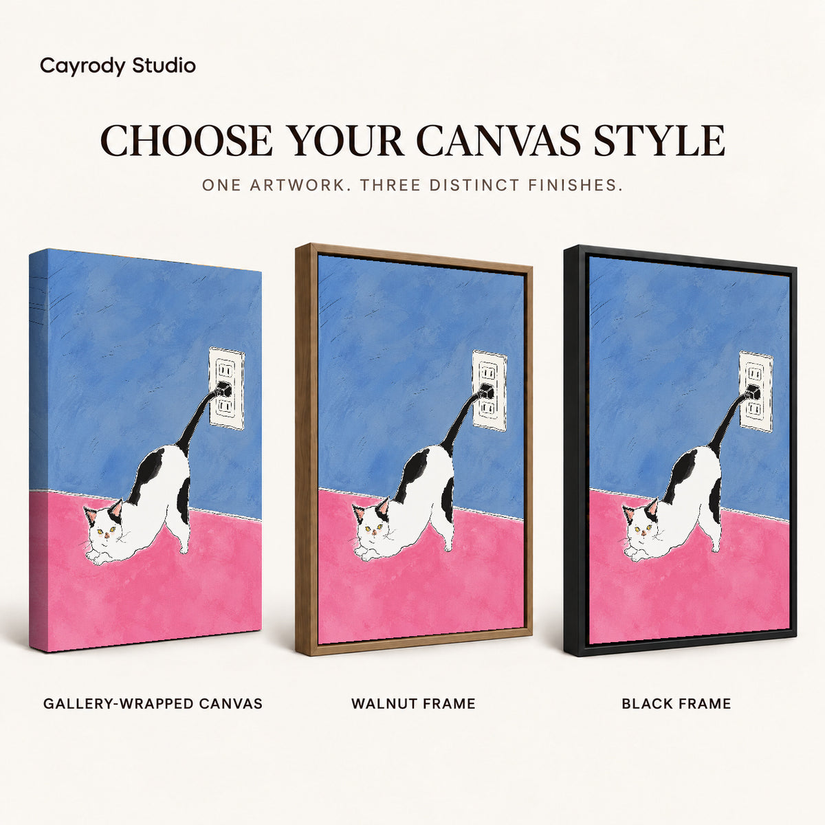 plug tail cat canvas art compared across gallery-wrapped canvas, walnut frame, and black frame finishes.