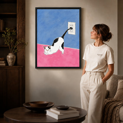 plug tail cat canvas art shown in the black frame option against a softly lit wall.