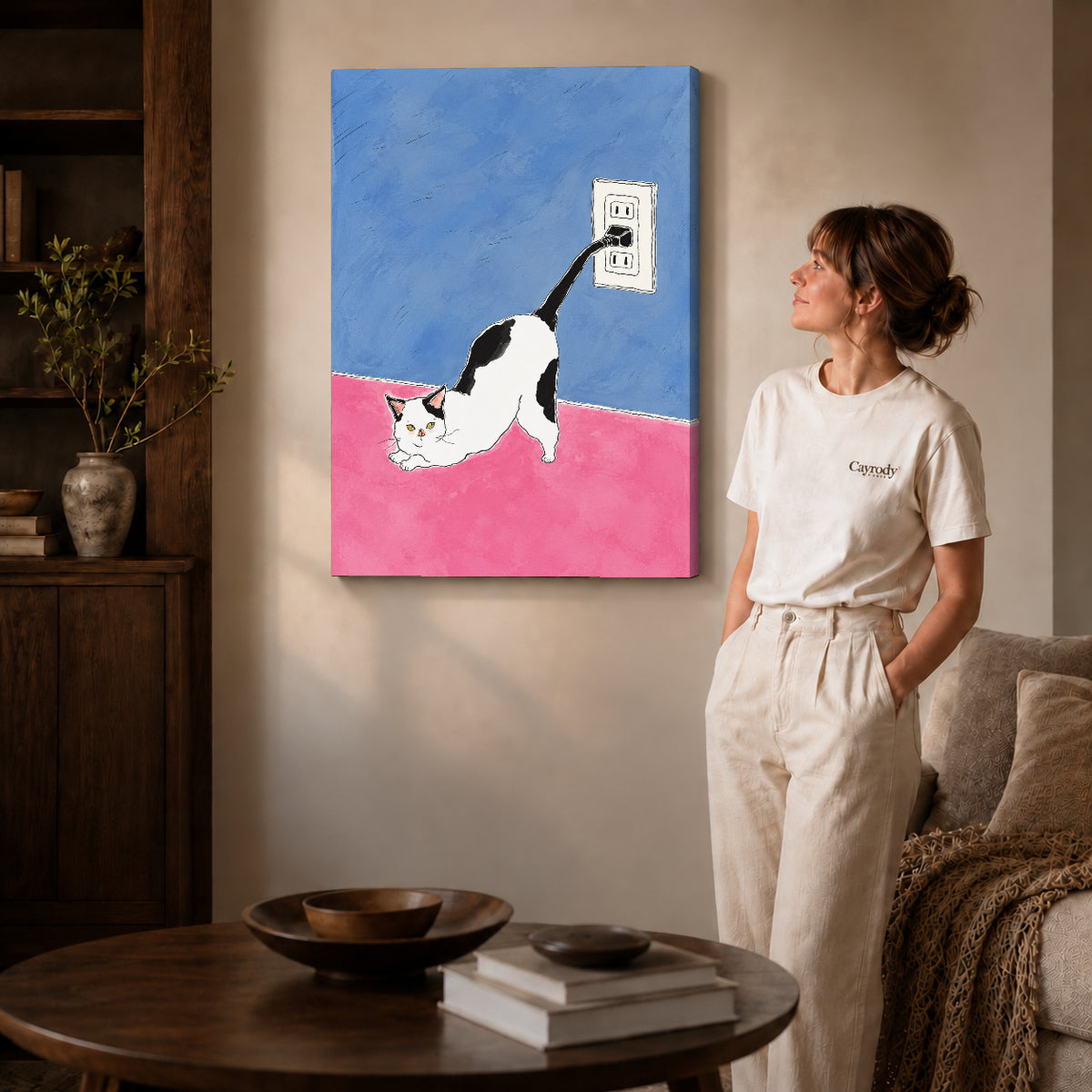 plug tail cat canvas art shown in the gallery-wrapped option with visible depth and warm surroundings.