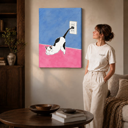 plug tail cat canvas art shown in the gallery-wrapped option with visible depth and warm surroundings.