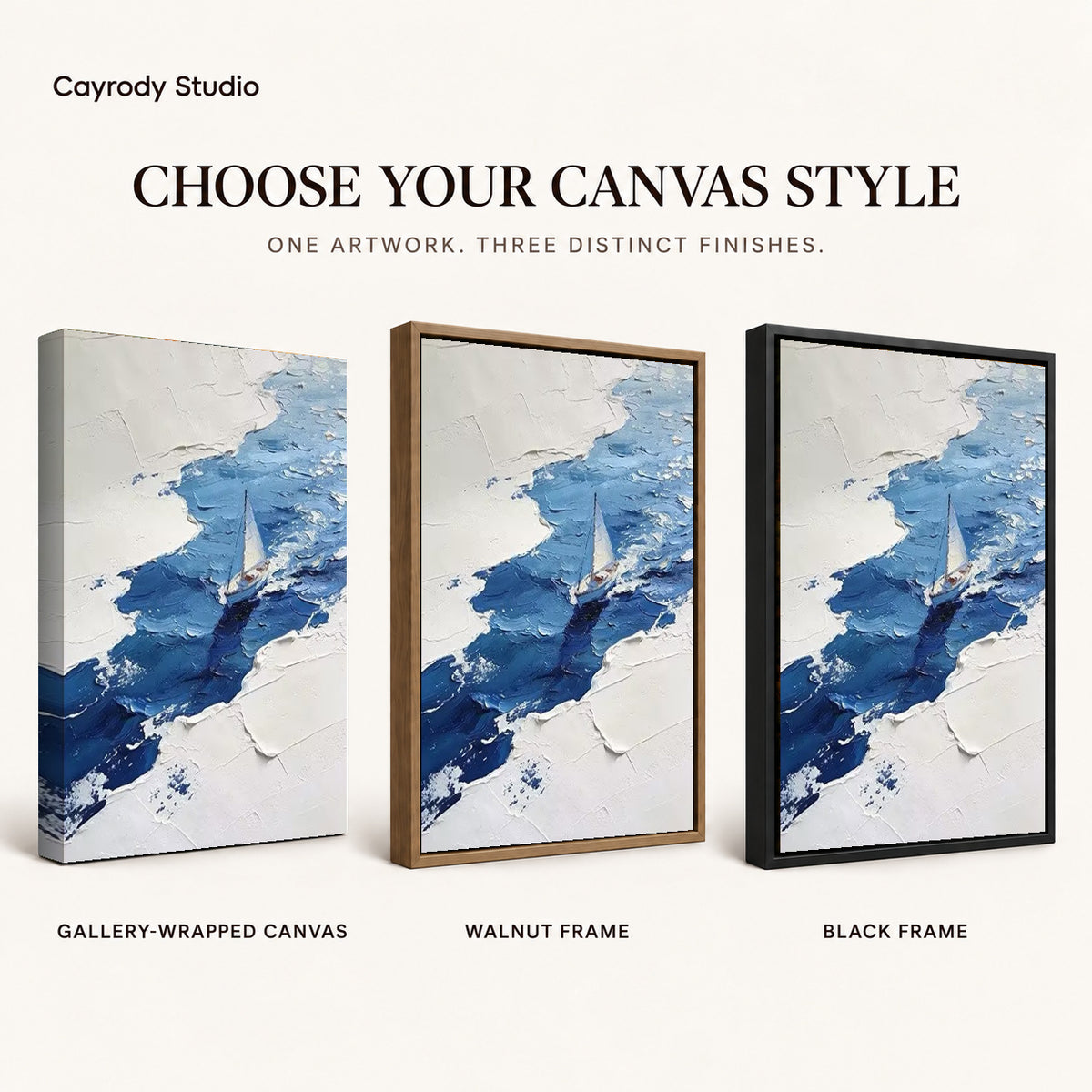 blue impasto sailboat canvas art compared across gallery-wrapped canvas, walnut frame, and black frame finishes.