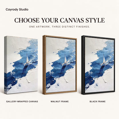 blue impasto sailboat canvas art compared across gallery-wrapped canvas, walnut frame, and black frame finishes.