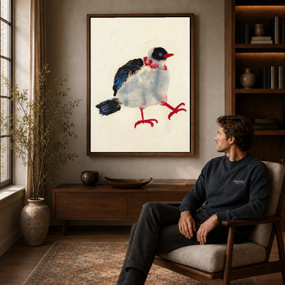 playful stepping bird canvas art in a walnut frame above a console beside a seated man.