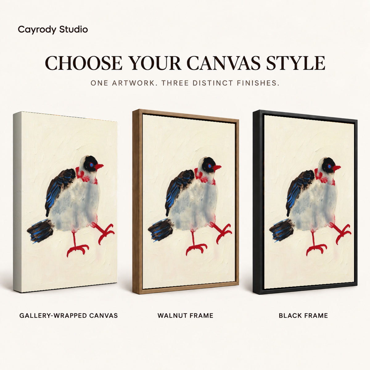 playful stepping bird canvas art compared across gallery-wrapped canvas, walnut frame, and black frame finishes.