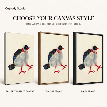 playful stepping bird canvas art compared across gallery-wrapped canvas, walnut frame, and black frame finishes.