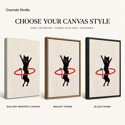 hula hoop cat canvas art compared across gallery-wrapped canvas, walnut frame, and black frame finishes.