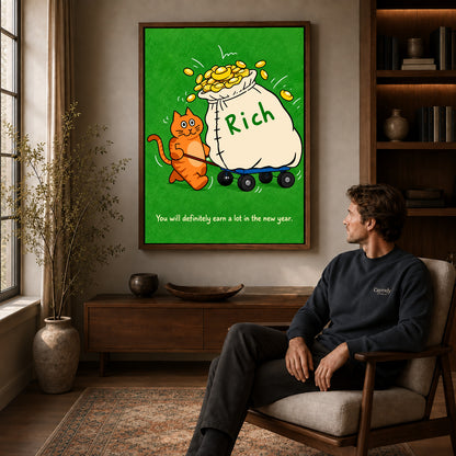 lucky money cat canvas art in a walnut frame above a console beside a seated man.