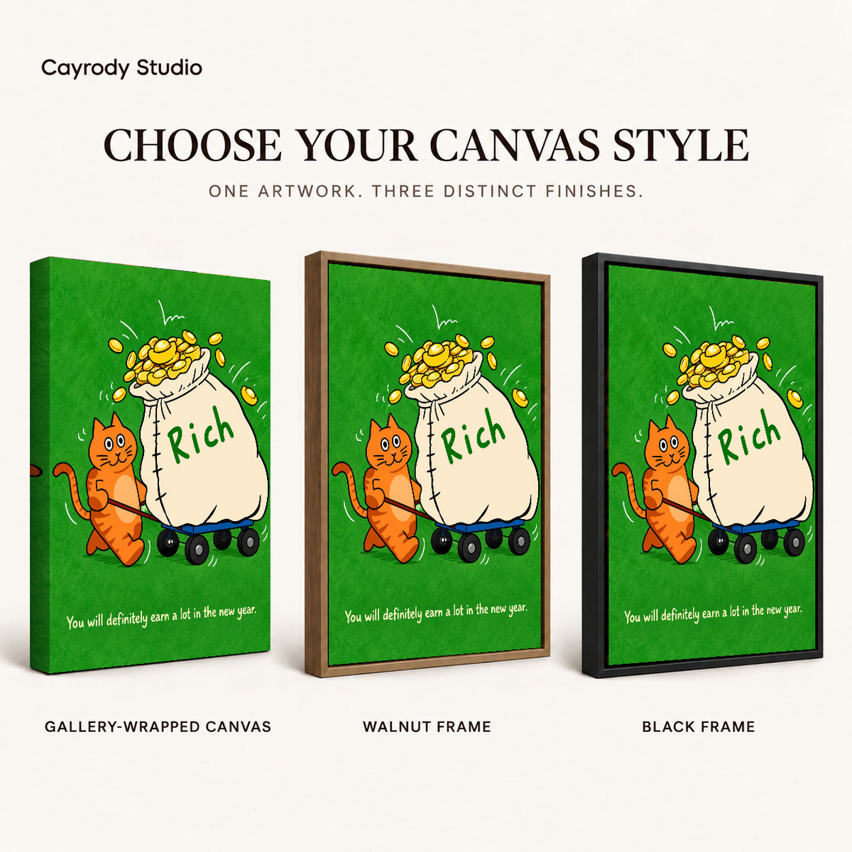 lucky money cat canvas art compared across gallery-wrapped canvas, walnut frame, and black frame finishes.