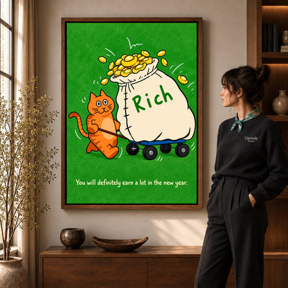 lucky money cat canvas art shown in the walnut frame option within a warm living room.