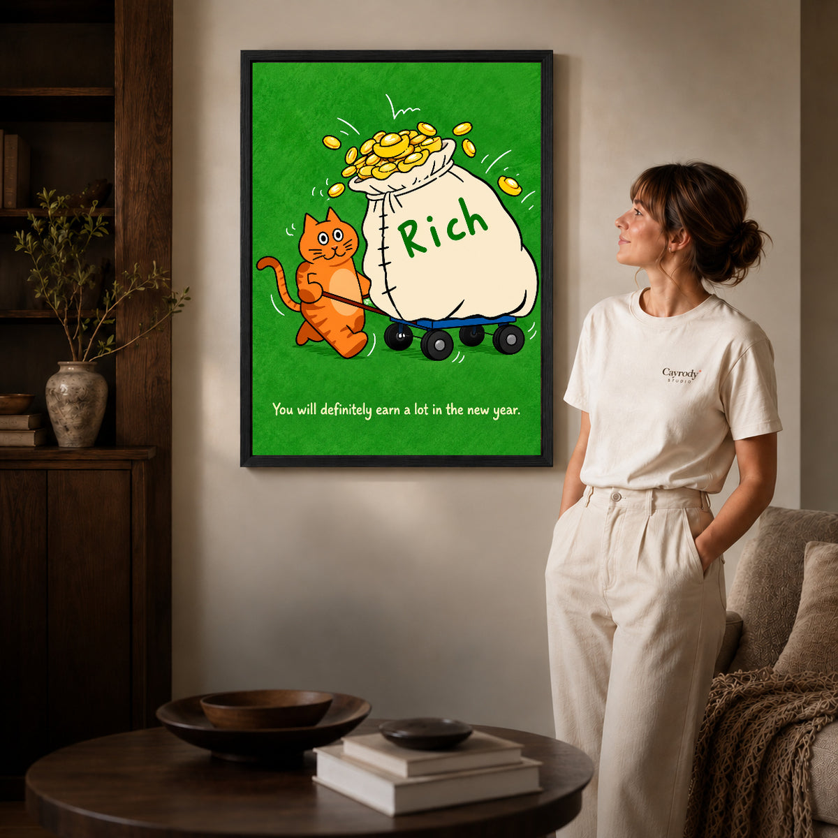 lucky money cat canvas art shown in the black frame option against a softly lit wall.
