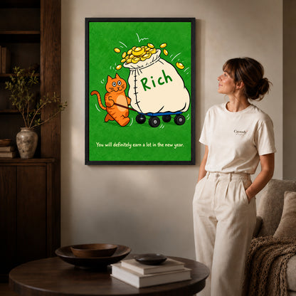 lucky money cat canvas art shown in the black frame option against a softly lit wall.