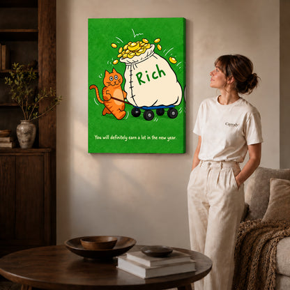 lucky money cat canvas art shown in the gallery-wrapped option with visible depth and warm surroundings.