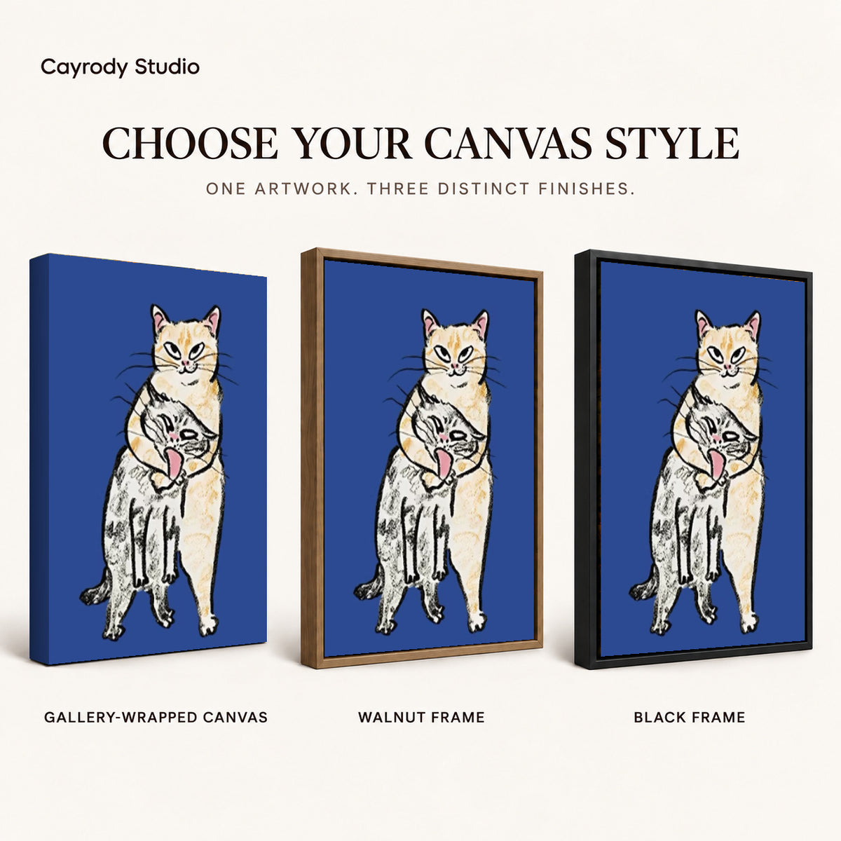 curious cat companions canvas art compared across gallery-wrapped canvas, walnut frame, and black frame finishes.