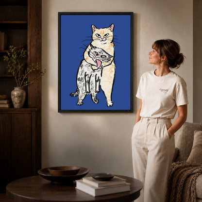 curious cat companions canvas art shown in the black frame option against a softly lit wall.