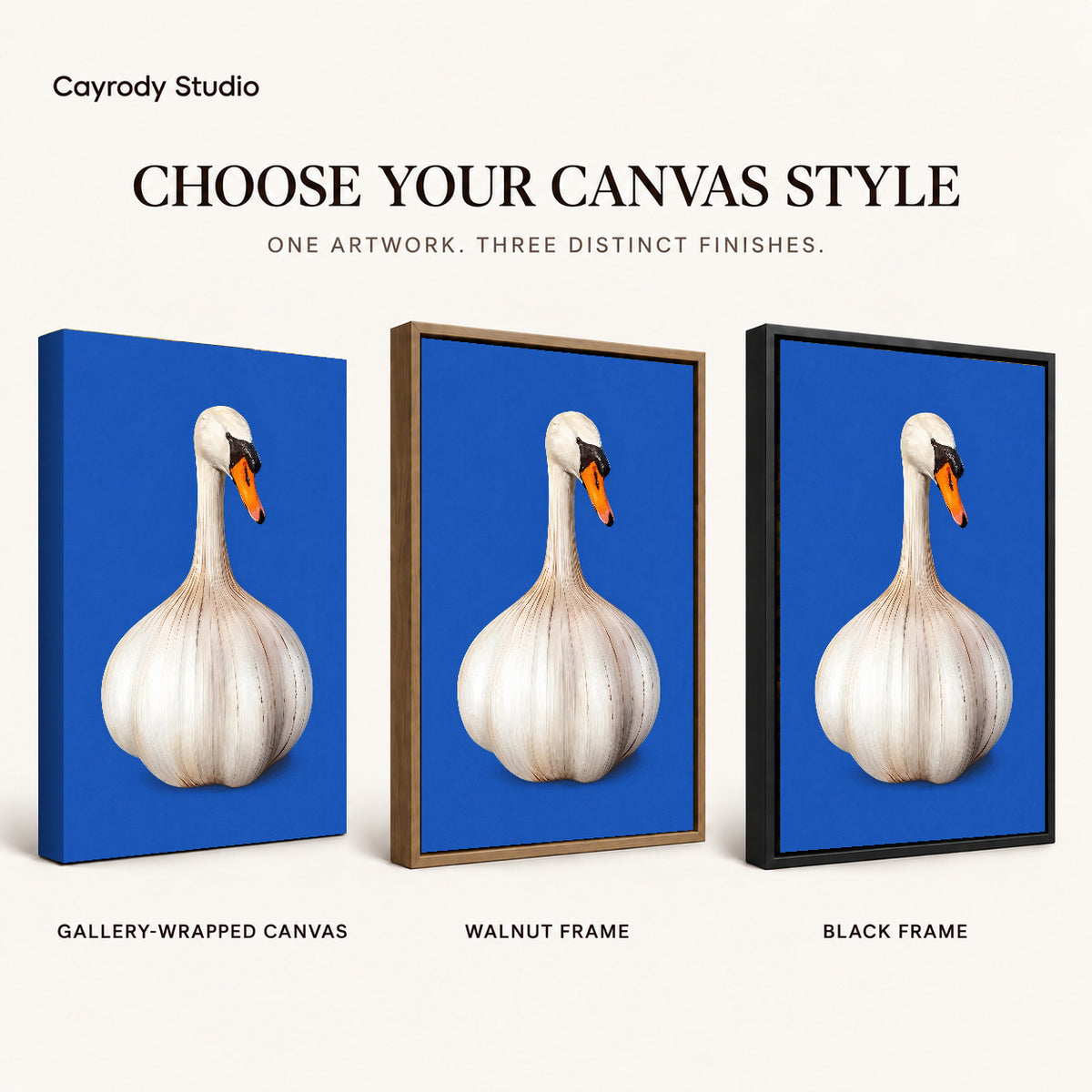 whimsical garlic swan canvas art compared across gallery-wrapped canvas, walnut frame, and black frame finishes.