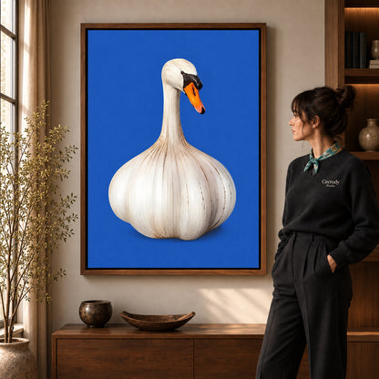 whimsical garlic swan canvas art shown in the walnut frame option within a warm living room.