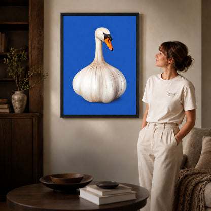 whimsical garlic swan canvas art shown in the black frame option against a softly lit wall.