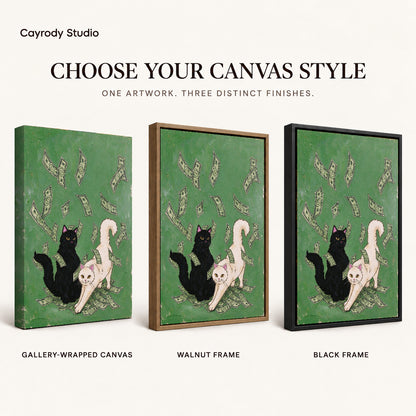 lucky cat gathering canvas art compared across gallery-wrapped canvas, walnut frame, and black frame finishes.