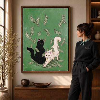 lucky cat gathering canvas art shown in the walnut frame option within a warm living room.