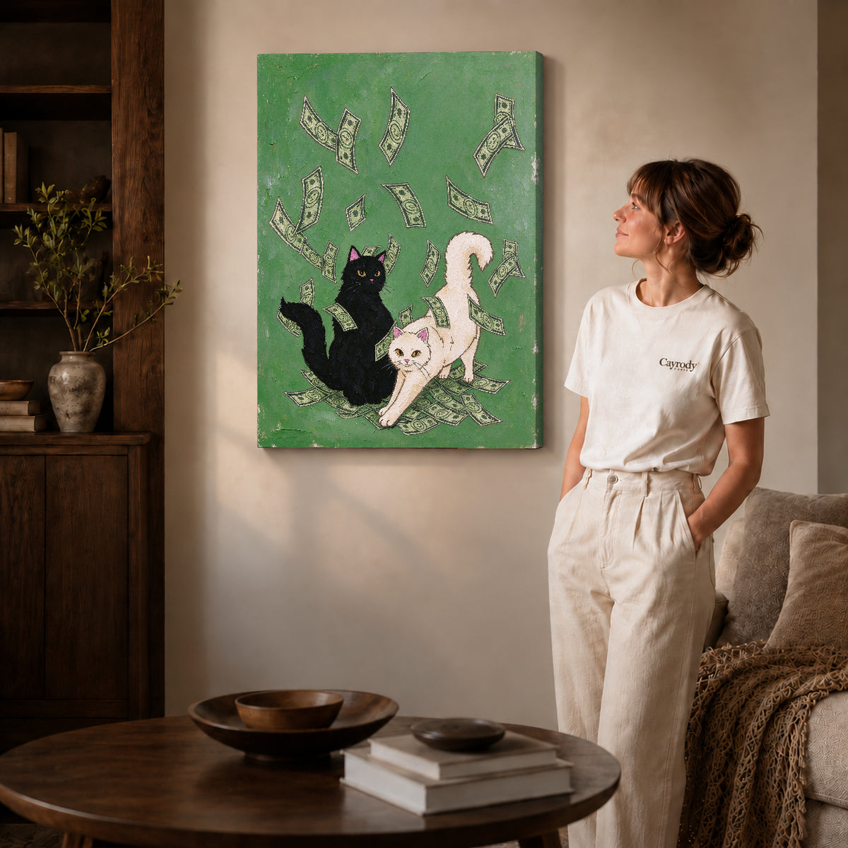 lucky cat gathering canvas art shown in the gallery-wrapped option with visible depth and warm surroundings.