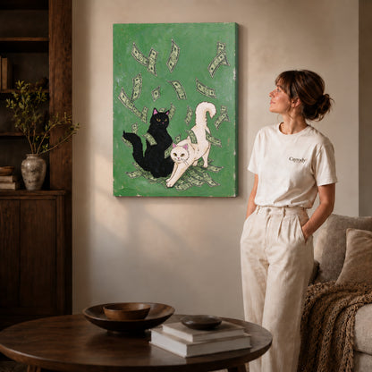 lucky cat gathering canvas art shown in the gallery-wrapped option with visible depth and warm surroundings.